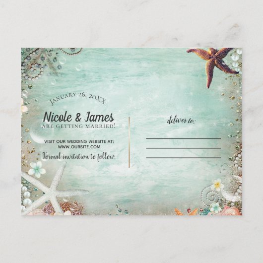 Carte Postale Faire-part Elégant Beach Sea Starfish Pearls Enregistrer Date (Dos)