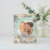 Carte Postale Faire-part Elégant Beach Sea Starfish Pearls Enregistrer Date (Debout devant)