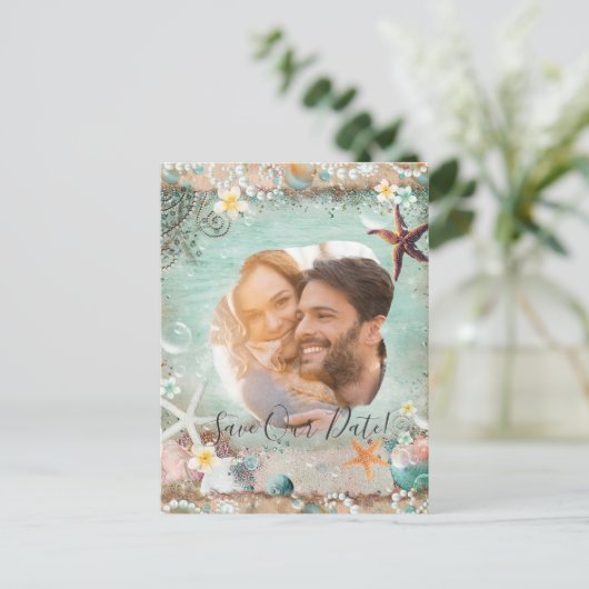 Carte Postale Faire-part Elégant Beach Sea Starfish Pearls Enregistrer Date (Debout devant)