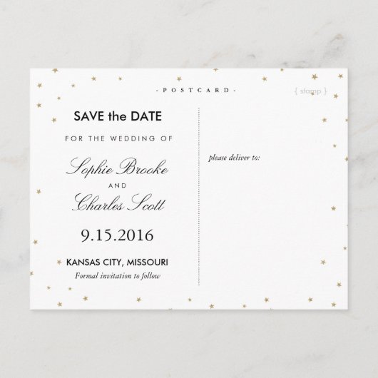 Carte Postale Faire-part Élégant Black & Gold Parties scintillant Stars Enr (Dos)