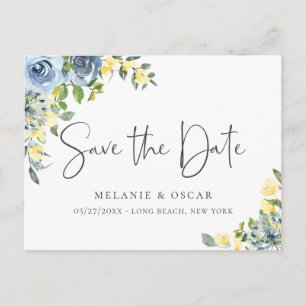 Carte Postale Faire-part Elégant bleu bleu jaune floral Enregistrer la date