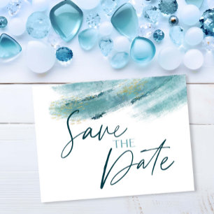 Carte Postale Faire-part Elégant Blue Gold Abstrait Enregistrer la date car