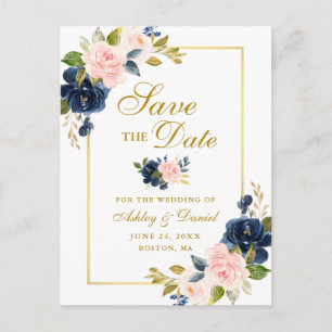 Carte Postale Faire-part Élégant Blush Rose Fleurs Bleues Or Save the Date