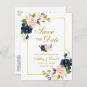 Carte Postale Faire-part Élégant Blush Rose Fleurs Bleues Or Save the Date (Devant / Derrière)