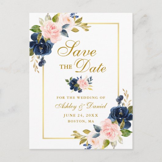 Carte Postale Faire-part Élégant Blush Rose Fleurs Bleues Or Save the Date (Devant)