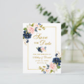 Carte Postale Faire-part Élégant Blush Rose Fleurs Bleues Or Save the Date (Debout devant)