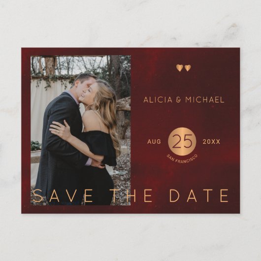 Carte Postale Faire-part Elégant bordeaux or mariage photo enregistrer la d (Devant)