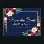 Carte Postale Faire-part Élégant Burgundy Floral Bleu Enregistrer La Date<br><div class="desc">Aquarelle Floral Bourgogne Marsala,  Bleu et Or Enregistrer la date Carte postale Fiançailles</div>