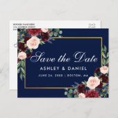 Carte Postale Faire-part Élégant Burgundy Floral Bleu Enregistrer La Date (Devant / Derrière)