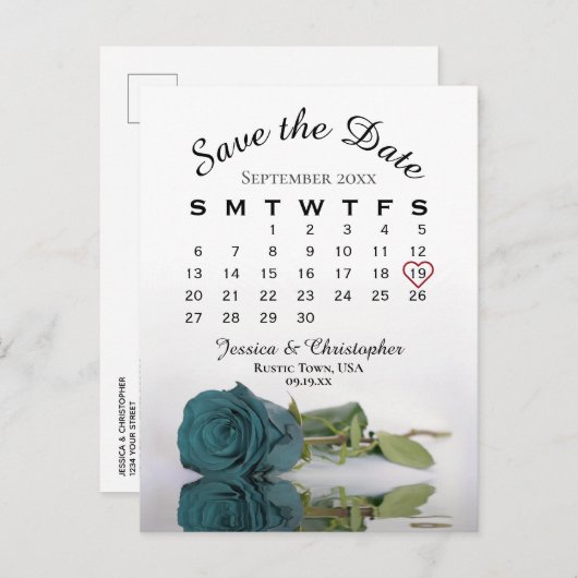 Carte Postale Faire-part Élégant calendrier du Mariage Rose Turquoise Enreg (Devant / Derrière)