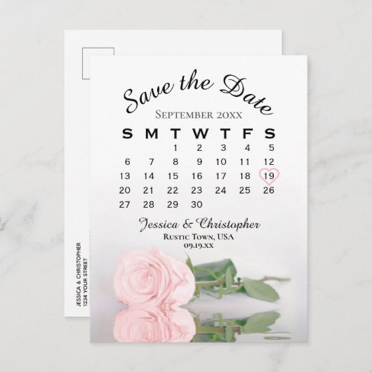 Carte Postale Faire-part Élégant calendrier Mariage Rose rose Enregistrer l (Devant / Derrière)