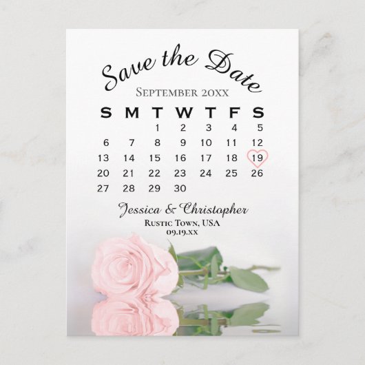 Carte Postale Faire-part Élégant calendrier Mariage Rose rose Enregistrer l (Devant)
