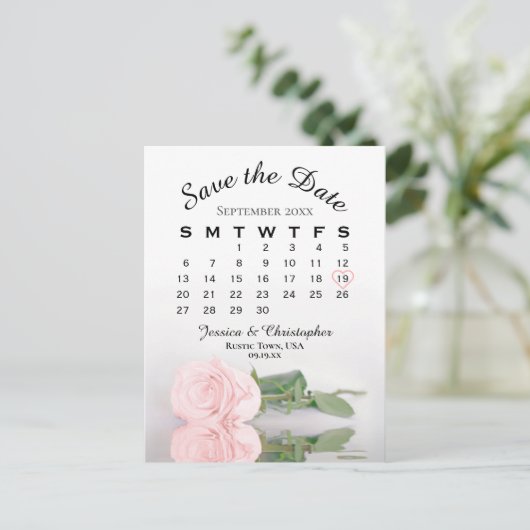 Carte Postale Faire-part Élégant calendrier Mariage Rose rose Enregistrer l (Debout devant)