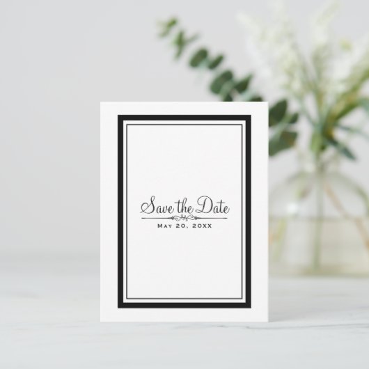 Carte Postale Faire-part Élégant Chic Mariage Blanc & Noir Save the Date (Debout devant)