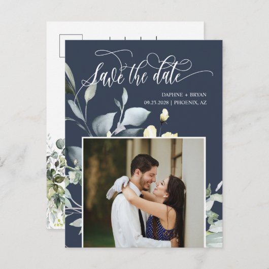 Carte Postale Faire-part Élégant code QR de feuilles vert marine Enregistre (Devant / Derrière)