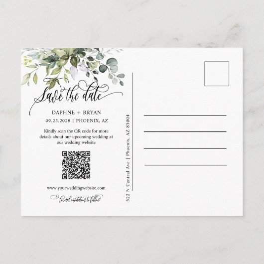 Carte Postale Faire-part Élégant code QR de feuilles vert marine Enregistre (Dos)