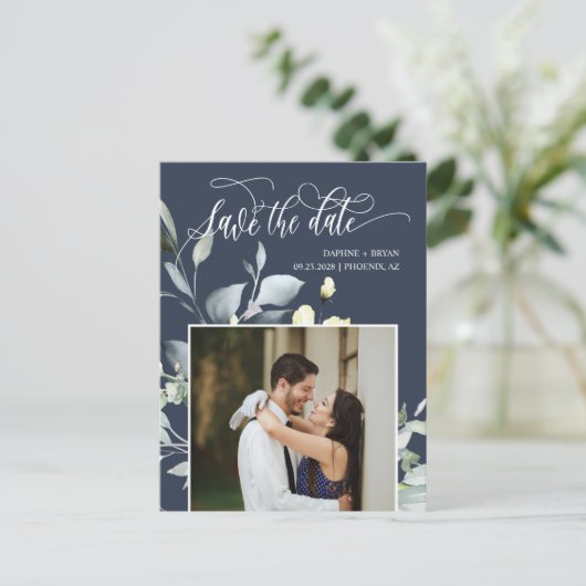 Carte Postale Faire-part Élégant code QR de feuilles vert marine Enregistre (Debout devant)