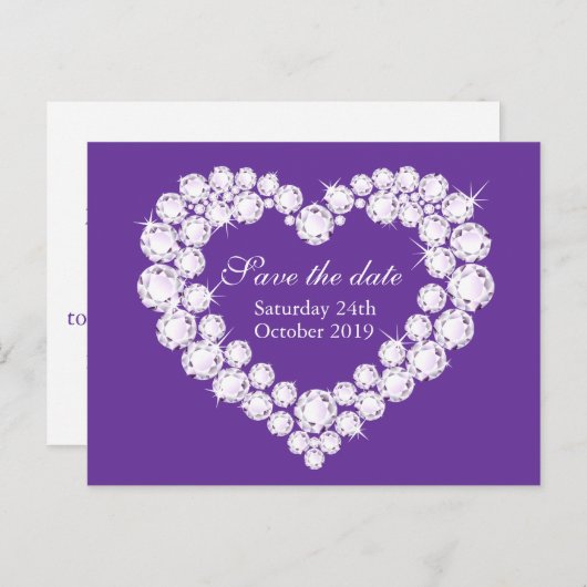 Carte Postale Faire-part Elégant coeur diamant enregistrer la date violet (Devant / Derrière)