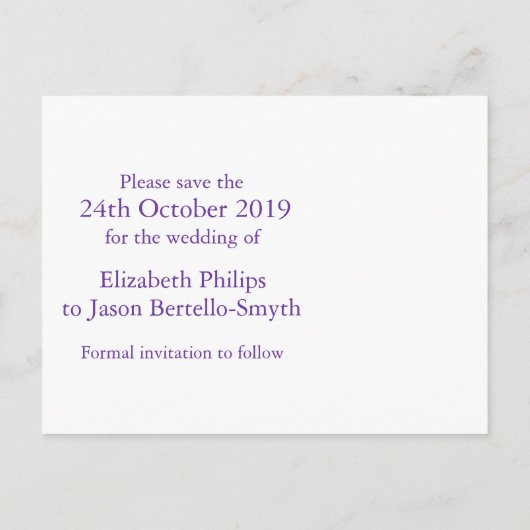 Carte Postale Faire-part Elégant coeur diamant enregistrer la date violet (Dos)