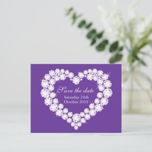 Carte Postale Faire-part Elégant coeur diamant enregistrer la date violet (Debout devant)