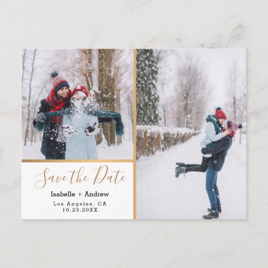 Carte Postale Faire-part Élégant Collage de Photos Métallic Or Save the Dat (Devant)