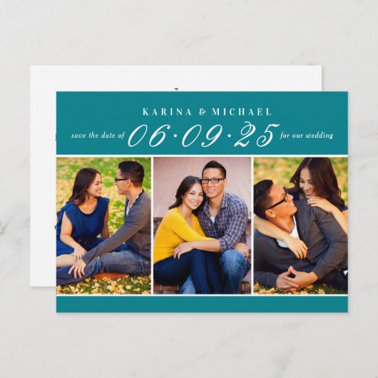 Carte Postale Faire-part Elégant Collage photo Turquoise Mariage Enregistre (Devant / Derrière)