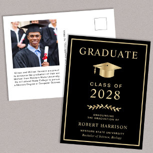 Carte Postale Faire-part Elegant College Photo Black Gold Graduation