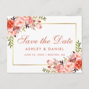 Carte Postale Faire-part Élégant Corail Floral Or Save the Date