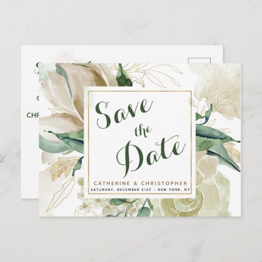 Carte Postale Faire-part Élégant Crème Floral Enregistrer la Date de Mariag (Devant / Derrière)