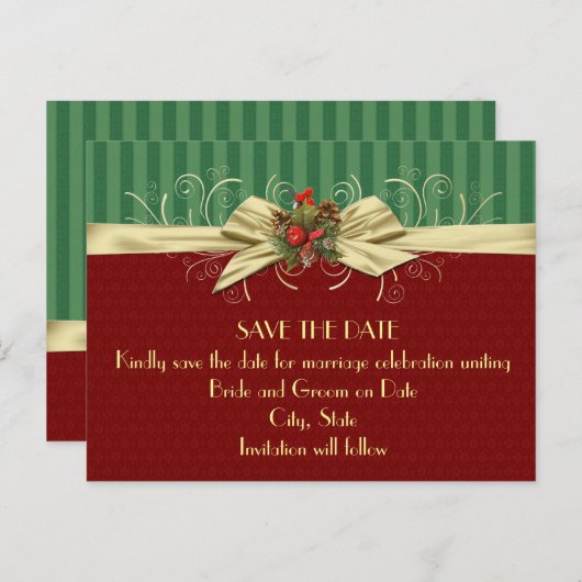 Carte Postale Faire-part Élégant damas de Noël hivernal Enregistrez la date (Devant / Derrière)