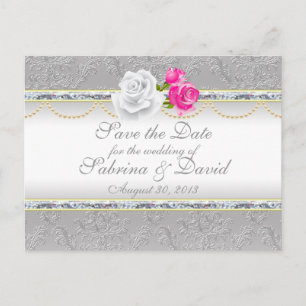 Carte Postale Faire-part Élégant Damassé Argent et Rose Pink Save the Date