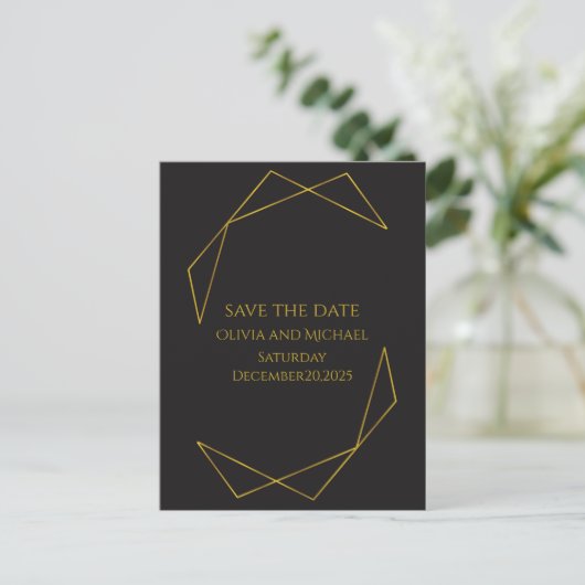 Carte Postale Faire-part Elegant dark and gold save the date card (Debout devant)