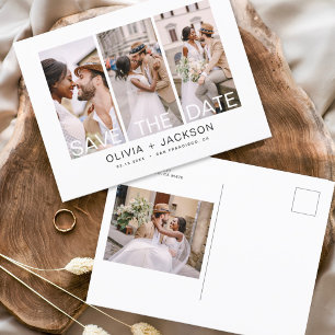 Carte Postale Faire-part Élégant Enregistrer la date 4 Photo Blanc Lettré