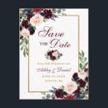 Carte Postale Faire-part Élégant Enregistrer la date Burgundy Blue Floral G<br><div class="desc">Elégant,  Aquarelle Bourgogne Marsala Bleu Floral,  Or Enregistrer La Date Carte Postale Fiançailles</div>
