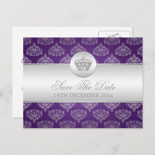 Carte Postale Faire-part Élégant Enregistrer La Date Couronne Royale Violet (Devant / Derrière)