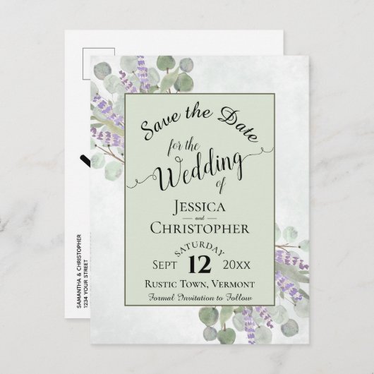 Carte Postale Faire-part Élégant Enregistrer la date Eucalyptus & Lavender  (Devant / Derrière)