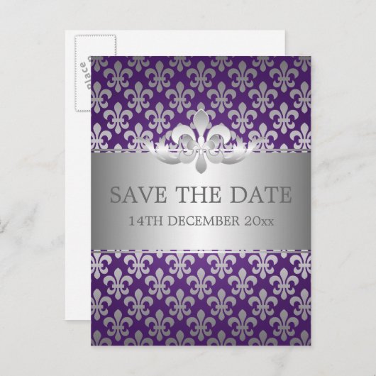 Carte Postale Faire-part Élégant Enregistrer La Date Fleur De Lis Purple (Devant / Derrière)