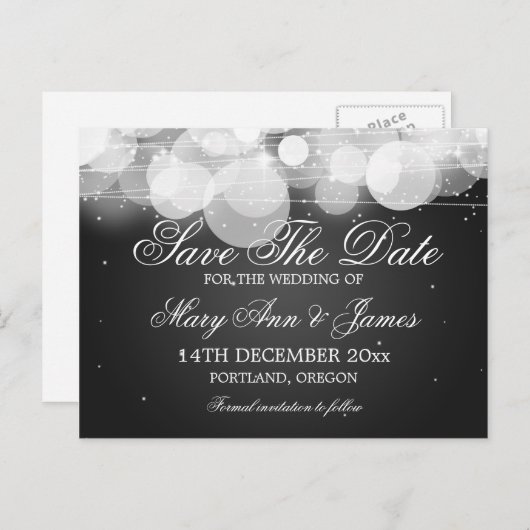 Carte Postale Faire-part Élégant Enregistrer La Date Glow & Sparkle Black (Devant / Derrière)