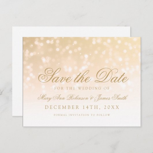 Carte Postale Faire-part Élégant Enregistrer La Date Gold Bokeh Sparkle Lig (Devant / Derrière)