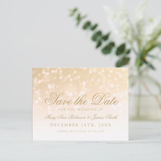 Carte Postale Faire-part Élégant Enregistrer La Date Gold Bokeh Sparkle Lig (Debout devant)