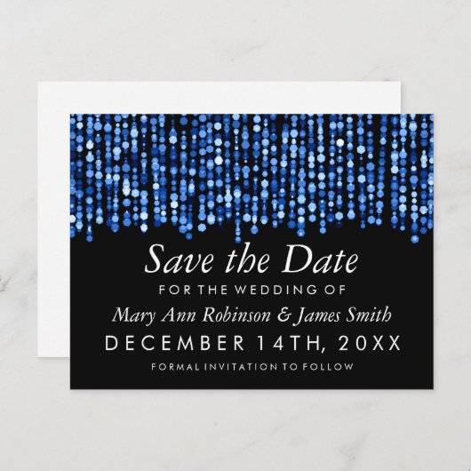 Carte Postale Faire-part Élégant Enregistrer La Date Moderne Lumières Bleue (Devant / Derrière)