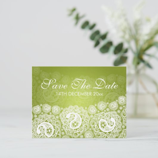 Carte Postale Faire-part Élégant Enregistrer La Date Paisley Lace Lime Gree (Debout devant)
