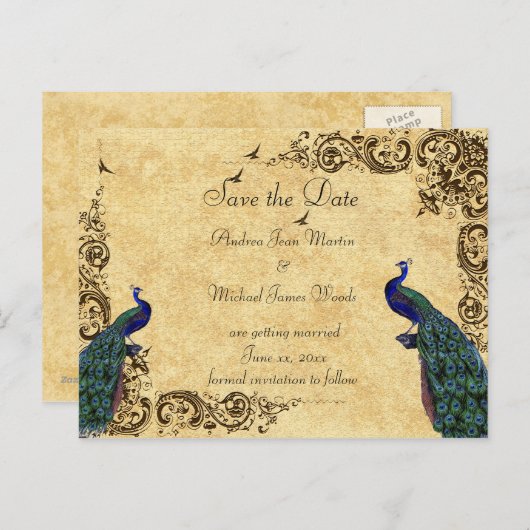 Carte Postale Faire-part Élégant, Enregistrer la date, Peacocks, Personnali (Devant / Derrière)