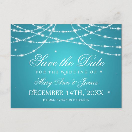 Carte Postale Faire-part Élégant Enregistrer La Date Sparkling String Turqu (Devant)