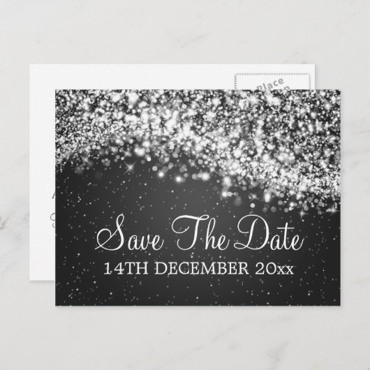 Carte Postale Faire-part Élégant Enregistrer La Date Sparkling Wave Black (Devant / Derrière)