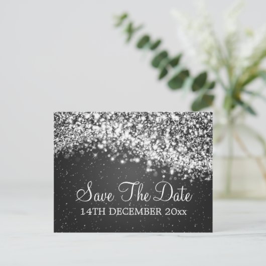 Carte Postale Faire-part Élégant Enregistrer La Date Sparkling Wave Black (Debout devant)