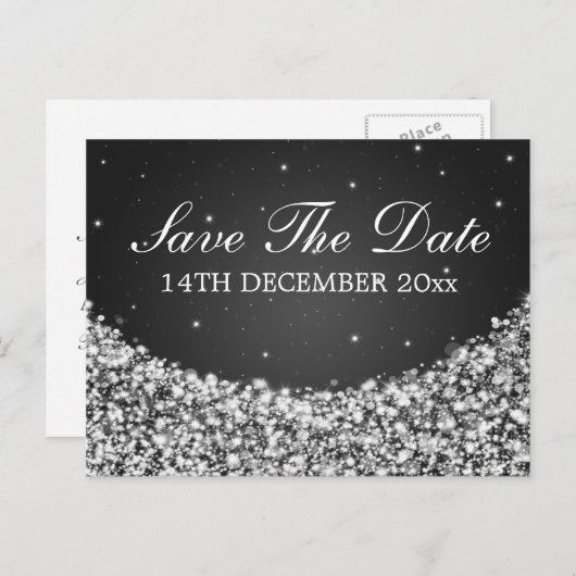Carte Postale Faire-part Élégant Enregistrer La Date Star Sparkle Black (Devant / Derrière)