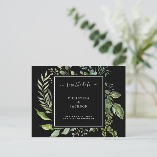 Carte Postale Faire-part Elégant Eucalyptus noir & blanc Enregistrer la dat (Debout devant)
