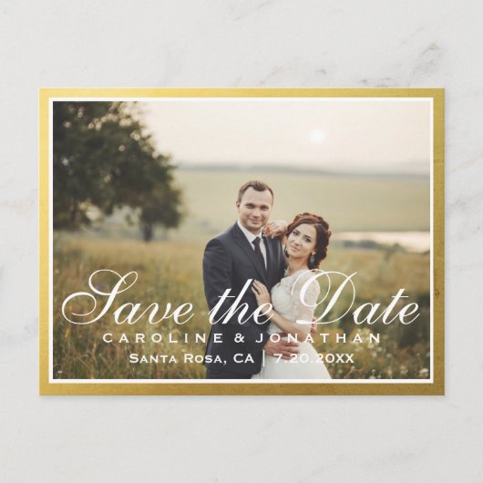 Carte Postale Faire-part Élégant Faux Gold Script Enregistrer la date avec (Devant)