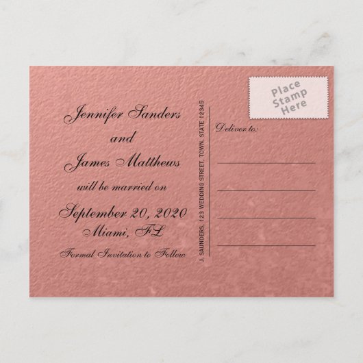 Carte Postale Faire-part Élégant Faux Rose Gold Foil Save the Date (Dos)
